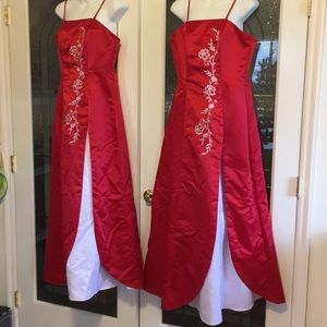 Two matching formal bridesmaids gowns with shawls